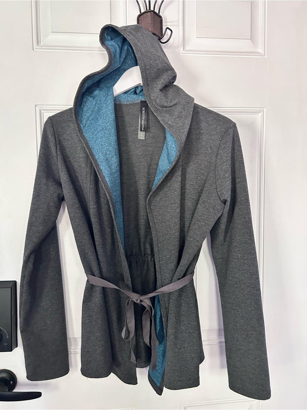 Open-Front Hooded Cardigan with Blue Lining - Charcoal